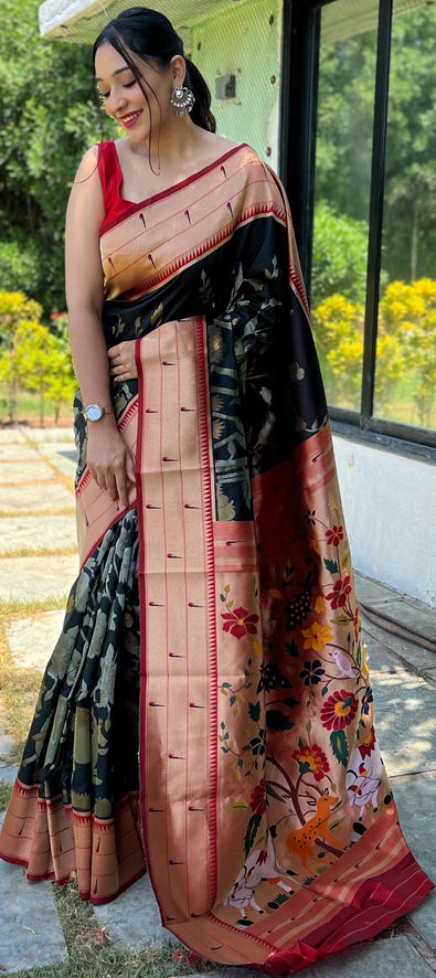 Solid/Plain Handloom Cotton Silk Plain Saree With Red Border For Women ( Black,Red) | Plain Black Saree | Silk Saree | Saree for Women | Saree