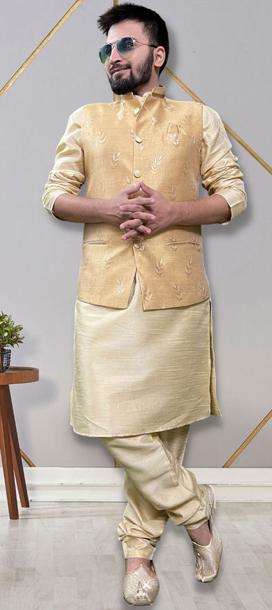 Golden Kurta Pajama With Woven Nehru Jacket 1007MW11