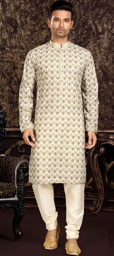 Cotton Party Wear Kurta Pyjamas in Beige and Brown with Thread work