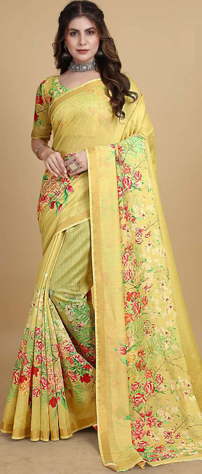 Saffron Yellow Floral Printed Satin Crepe Saree – Ethnos