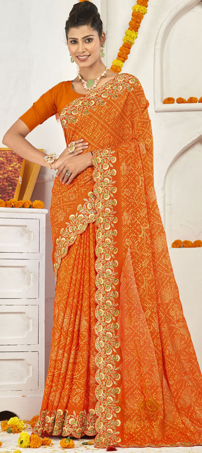 Orange colour party outlet wear saree