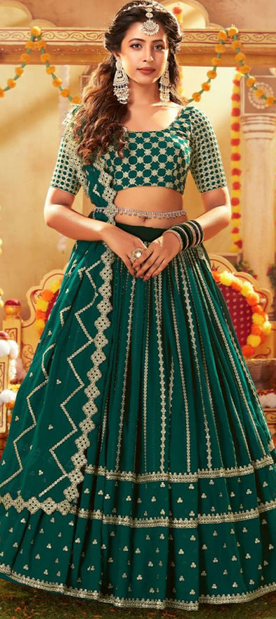 Georgette Mehendi Sangeet Lehenga in Green with Sequence work