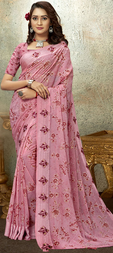 Pink embellished pure georgette heavy sequin Saree with unstitched blo –  Indi Ethnics