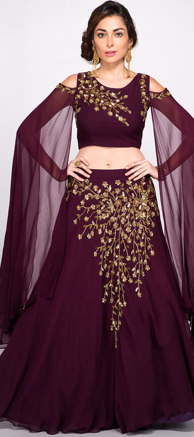 Buy Women Purple Chevron Floral Sequin Embroidered Lehenga Set With  Embroidered Blouse And Dupatta - Leheng & Skirt - Indya