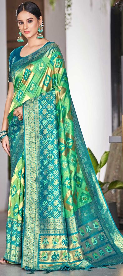 Custom Fit Peacock Green Satin Silk Embroidered Saree for Eid|SARV115676
