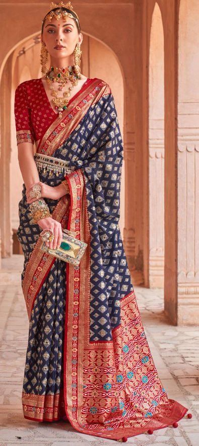 Navy Blue With Red Satin Silk Saree With All Over Floral Jacquard Weav -  House of Begum's