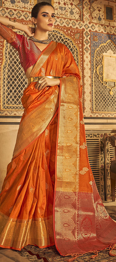 Shop Orange Georgette Embroidered Saree Party Wear Online at Best Price |  Cbazaar