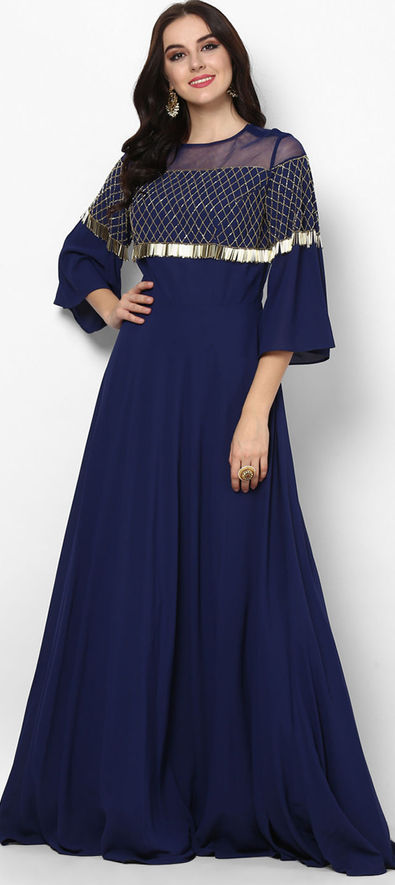 Toe Length Blue Designer Neck, Gown with Net Dupatta Dress - Stiched USA  SELLER | eBay