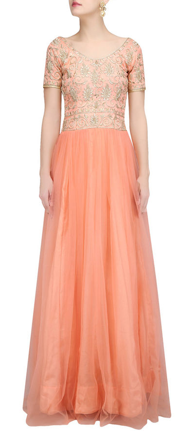 Peach Color Net Embroidered Gown