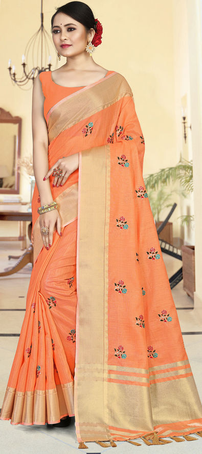 Party Wear, Traditional Orange color Linen fabric Saree : 1880465