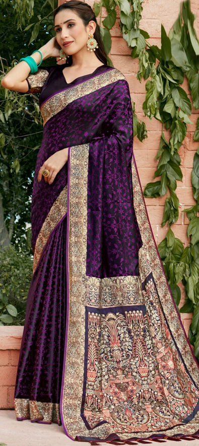 Buy Dark Purple Hand Embroidered Predraped Insta Saree Online - W for Woman