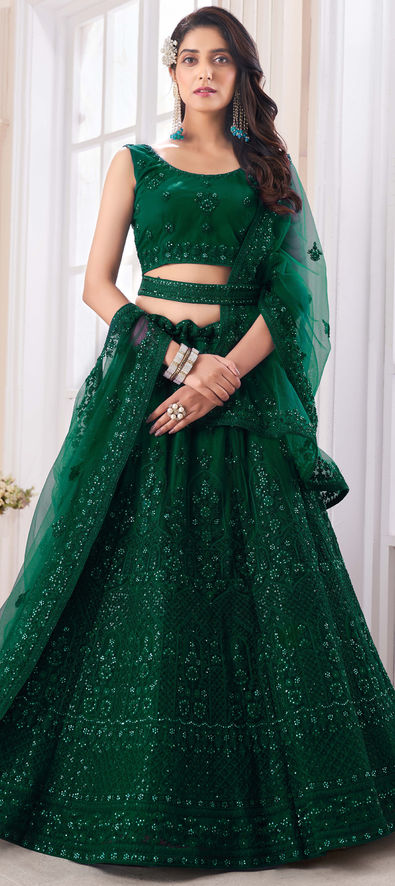 Buy Attractive Pista Green Sequins Net Engagement Wear Lehenga Choli - Zeel  Clothing