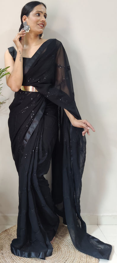 Buy NOYYAL Kids Readymade Silk Grey Saree with Full Stitched Blouse Black  (1-2 Years) at Amazon.in