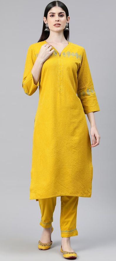 Buy Yellow Color Cotton Fabric Embroidered Kurta with Churidar