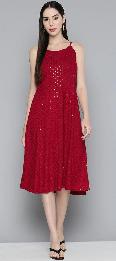 RED SEQUENCE WORK GOWN WITH DUPATTA - Evilato