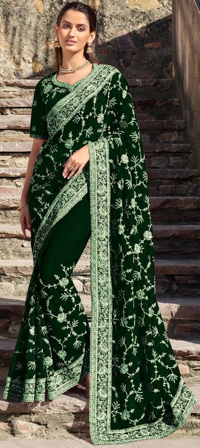 Mehndi Green Chiffon Silk Shiroshki Saree WIth Heavy Embroidery Work –  Parvati Ethnic