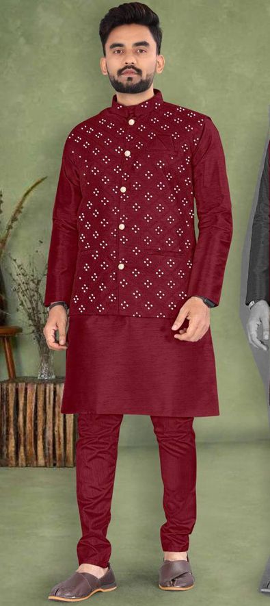 Short-kurta with Jodhpuri Pants and Maroon Nehru Jacket – Fanush