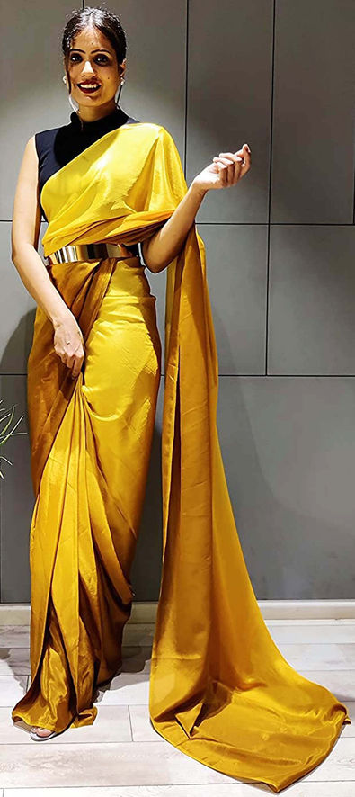 Buy Yellow Raw Silk Embroidered Mukaish Work Round Pre-draped Saree Set For  Women by Naintara Bajaj Online at Aza Fashions.