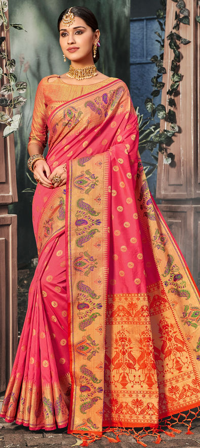 Peach Pink Art Silk Saree Sari fabric India Golden Border 