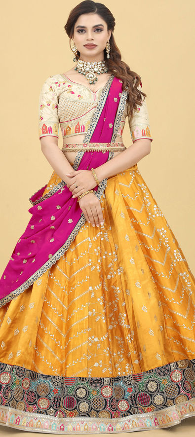 Sitara Lehenga - Rose Pink Yellow Lehenga – serayaclothing