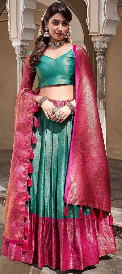Reddish pink lehanga with blue top – Z'Bella Couture