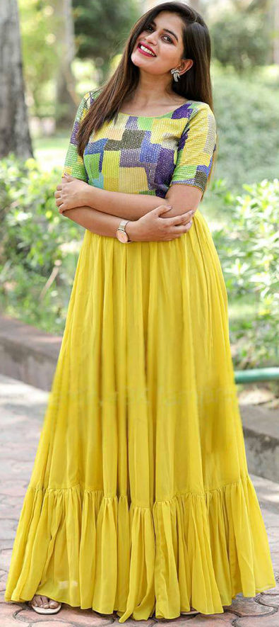 Buy Mellow Yellow Ball Gown In Net With Mirror Abla Embroidery Online -  Kalki Fashion