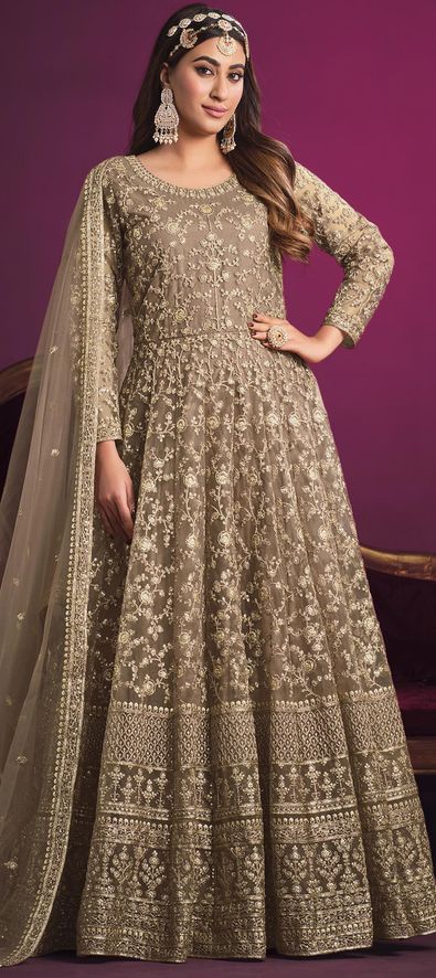 Net Wedding Salwar Kameez in Beige and Brown with Thread work