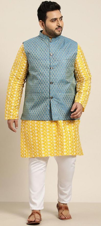 Yellow Kurta Pajama & Woven Nehru Jacket For Men 886MW07
