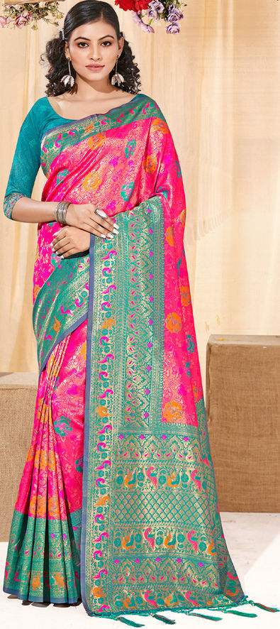 Rose Pink And Green Art Silk Zari Weaving Saree With Diamond Work - Vishal  Prints - 3968194