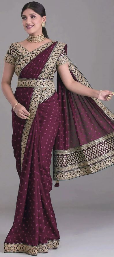 Purple Solid With Embroidered Border Georgette Saree