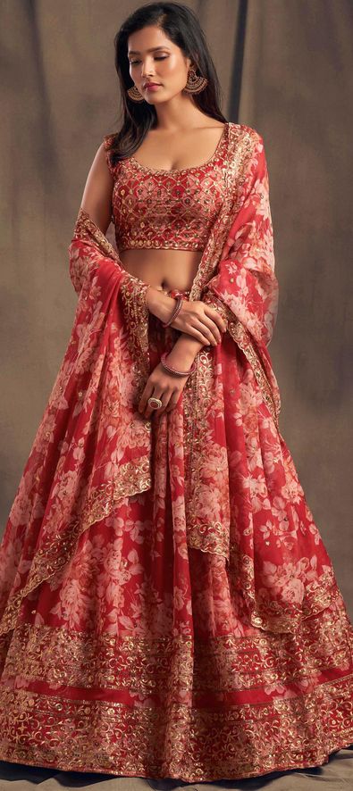 Impressive Pink Digital Print Chinnon Silk Engagement Wear L