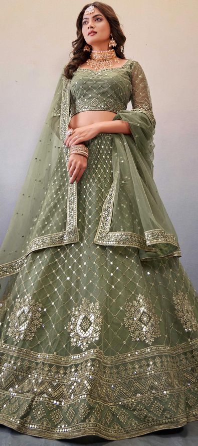 Designer, Engagement, Reception, Wedding Green color Organza Silk fabric  Lehenga : 1893930