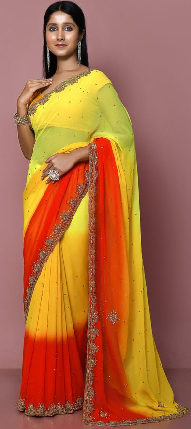 Yellow and Orange Georgette Dual Tone Saree with Foil Print