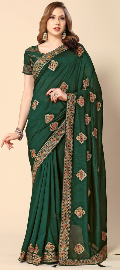 Bottle Green Color Silk Embroidered Wedding Wear Saree