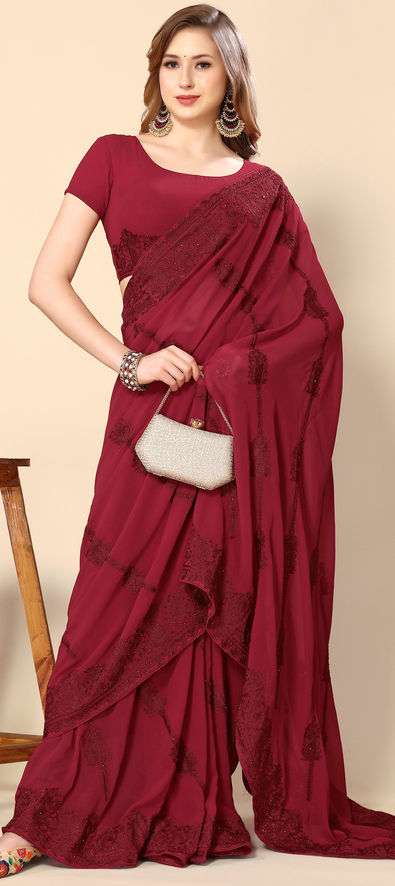 Red Party Wear Plain Saree In Georgette