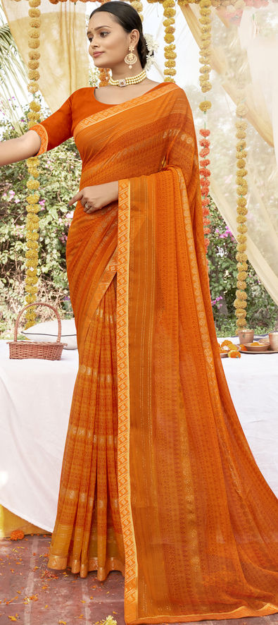 Orange Geometric Printed Pure Soft Jute Cotton Fancy Party Wear Saree With  Blouse Festive Under 500