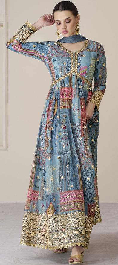 Organza Silk Party Wear Gown in Blue with Printed work