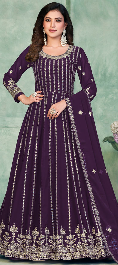 Amazing Purple Party Wear Thread Worked Faux Georgette Anarkali Suit