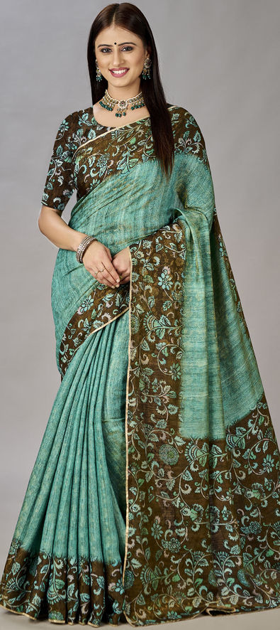 Indian Saree Look Satin Silk Banarasi Pattern Green Saree