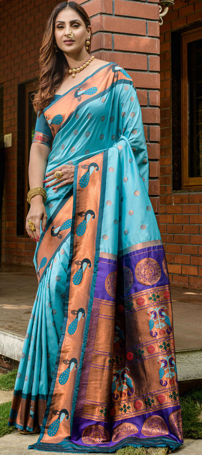 Silk Wedding Saree in Blue with Weaving work