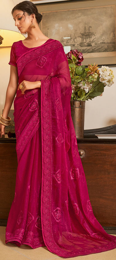 Salsa Red Shimmer Saree with Embroidered Blouse