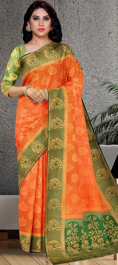 Kanchipuram pink and orange dual tone pure silk saree – www.vannamayil.com