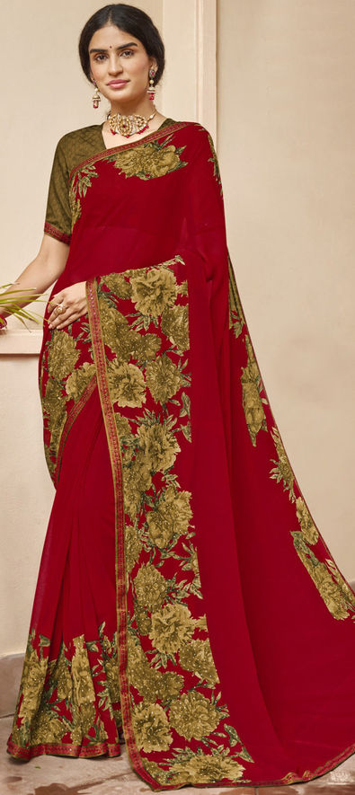 Party Wear, Reception Red and Maroon color Georgette fabric Saree : 1890979