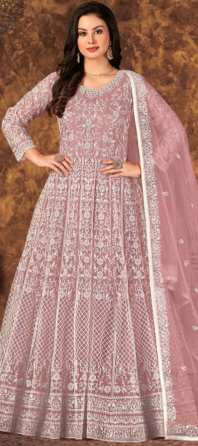 Modest Wear Lehenga in Pastel Pink Embroidered Fabric LLCV09656