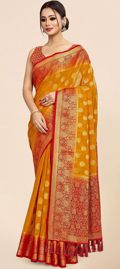 Buy V Vervee Couture Women's Saffron Yellow Handwoven Banarasi Saree With  Red Zari Border Online at Best Prices in India - JioMart.