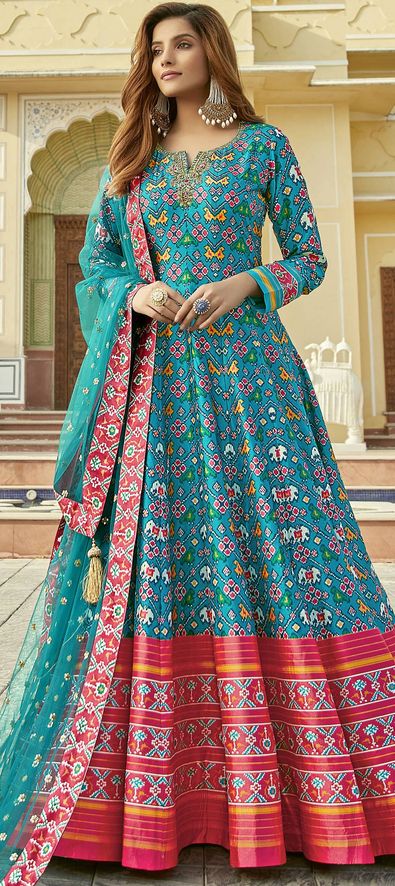 Buy Festival Wear Beige Digital Printed Art Silk Gown With Dupatta Online  From Surat Wholesale Shop.