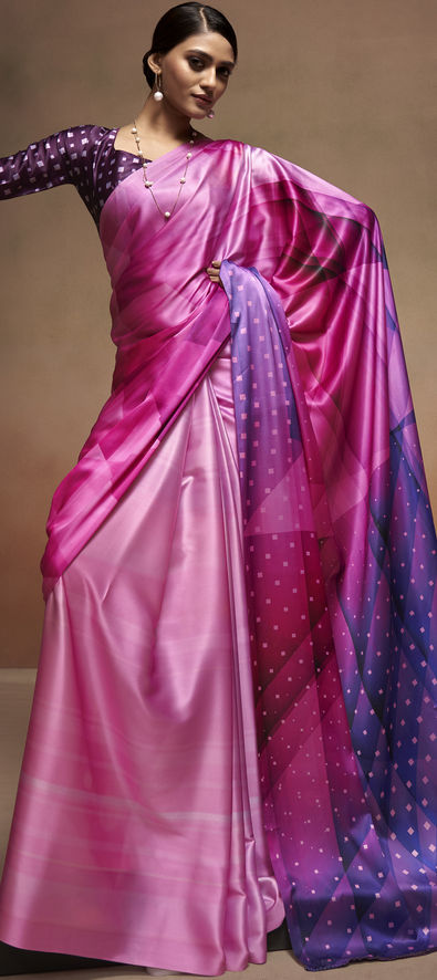 Satin Digital print Pink Saree with Blouse