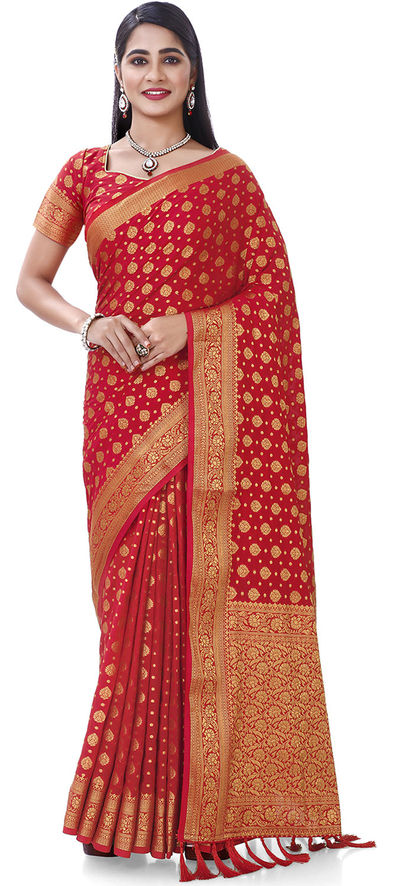 Fancy Silk Party wear Saree Red Color With Embroidery Work - Saree