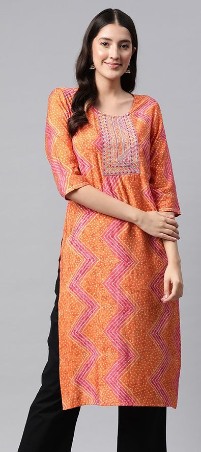 Orange & pink argyle design printed front button 3/4th sleeve cotton  straight cut kurti