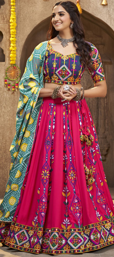 Festive, Navratri, Traditional Pink and Majenta color Rayon fabric Lehenga  : 1892021